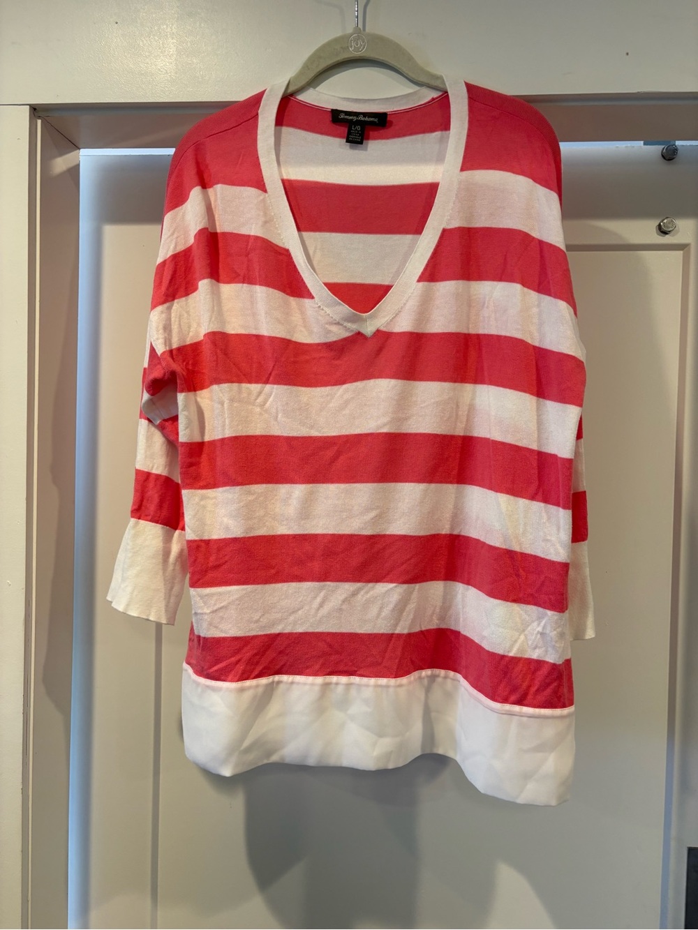 Tommy Bahama Pink & White Striped V-Neck Women's Top
